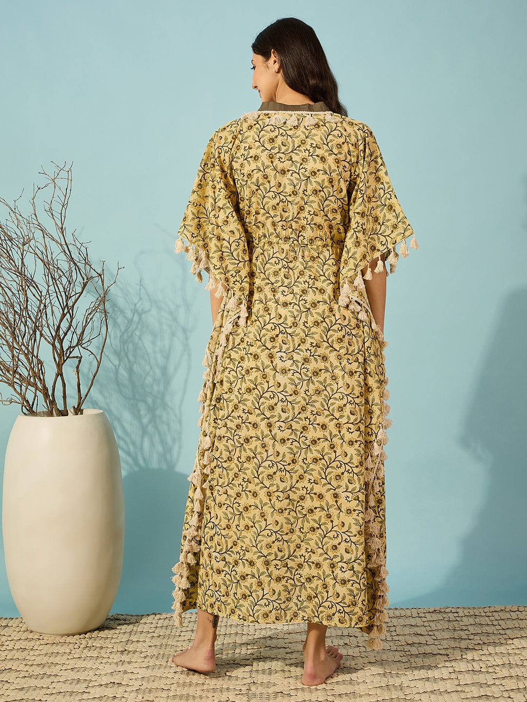 The Kaftan Company Kaftan Yellow Floral hand Block Kaftan With Tassel Detail