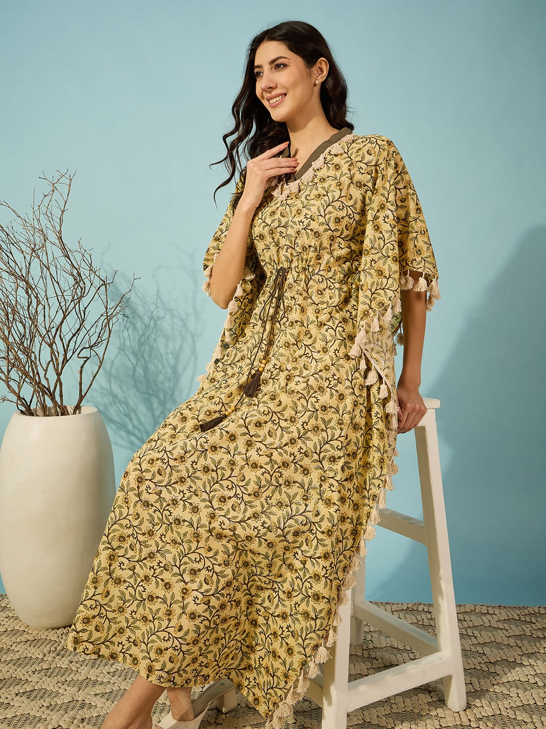 The Kaftan Company Kaftan Yellow Floral hand Block Kaftan With Tassel Detail