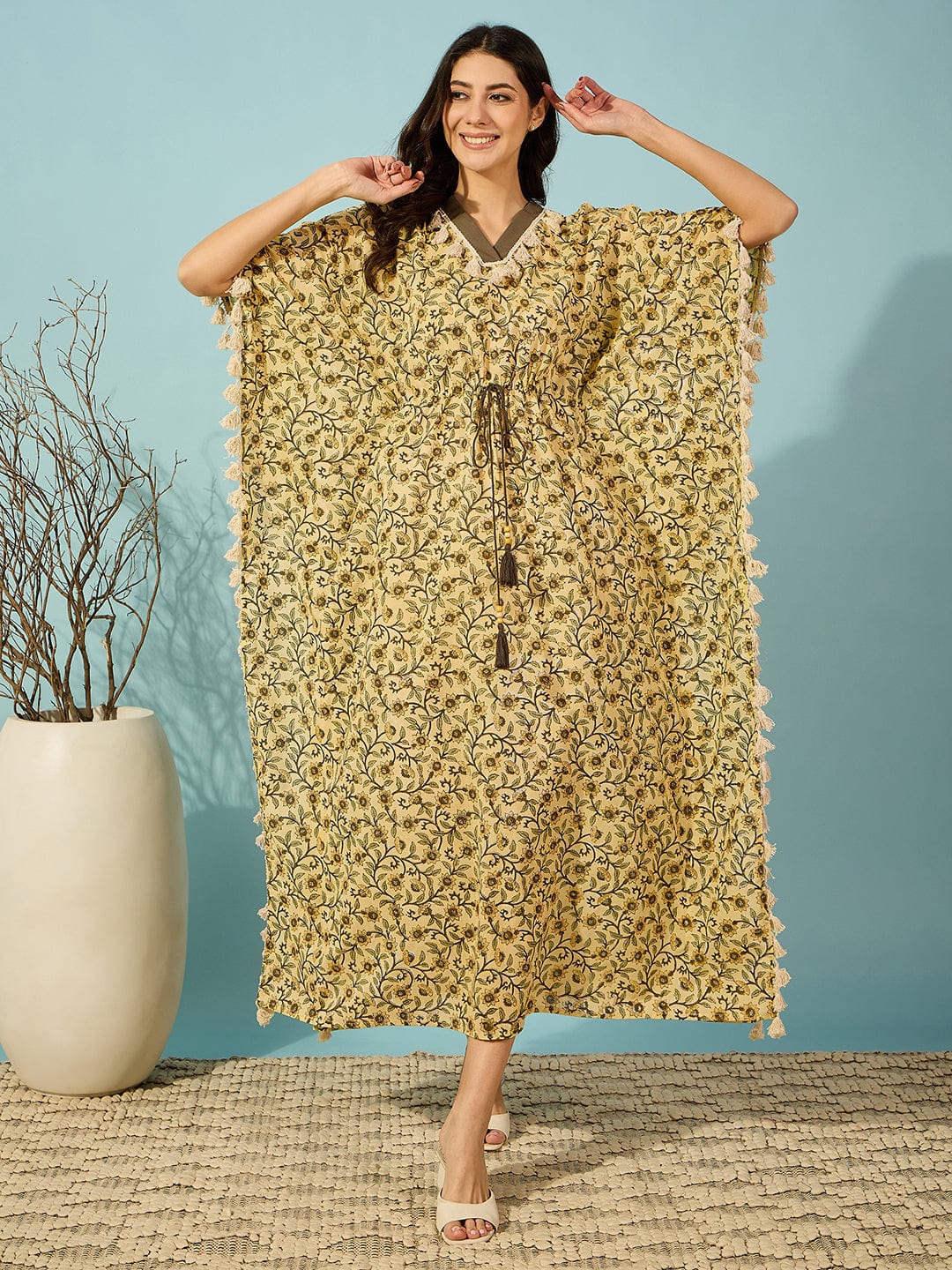 The Kaftan Company Kaftan Yellow Floral hand Block Kaftan With Tassel Detail