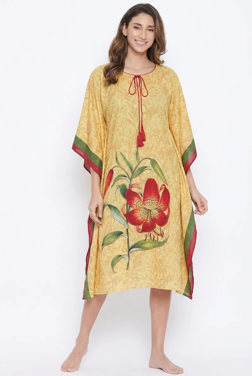 The Kaftan Company Kaftan Yellow Floral Print Kaftan with Statement Lily Motif