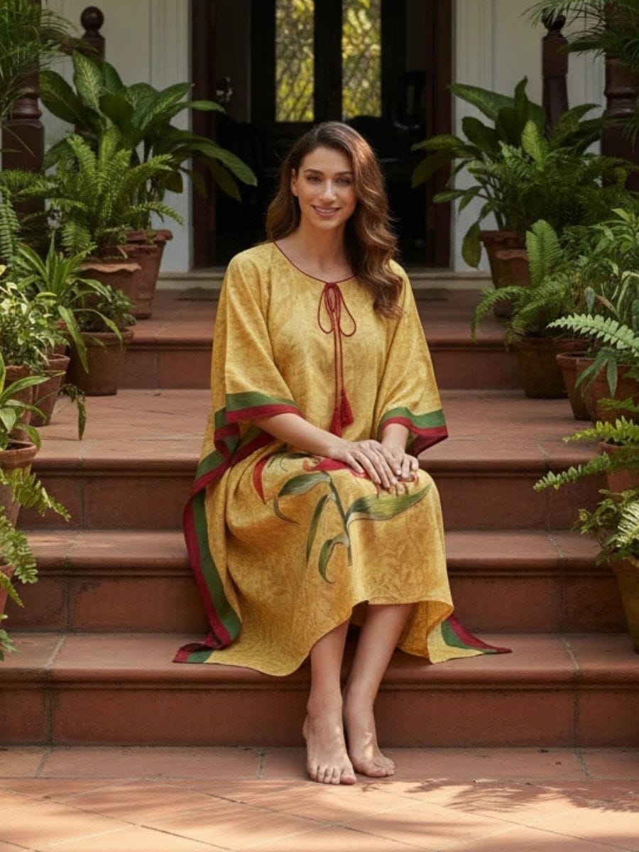 The Kaftan Company Kaftan Yellow Floral Print Kaftan with Statement Lily Motif