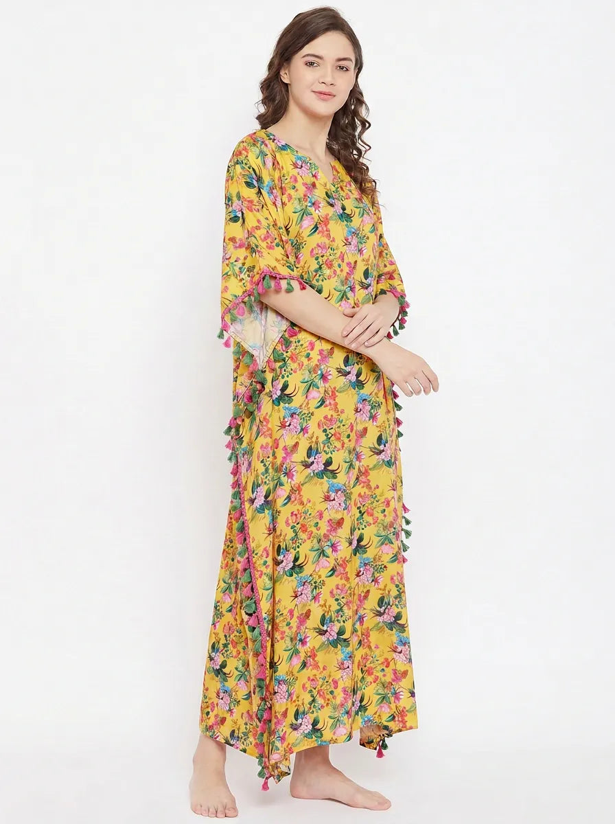 The Kaftan Company Kaftan Yellow Floral Print Natural Crepe Kaftan with Tassel Trim