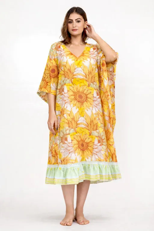 The Kaftan Company Kaftan Yellow Floral Viscose Kaftan with Ruffle Hem