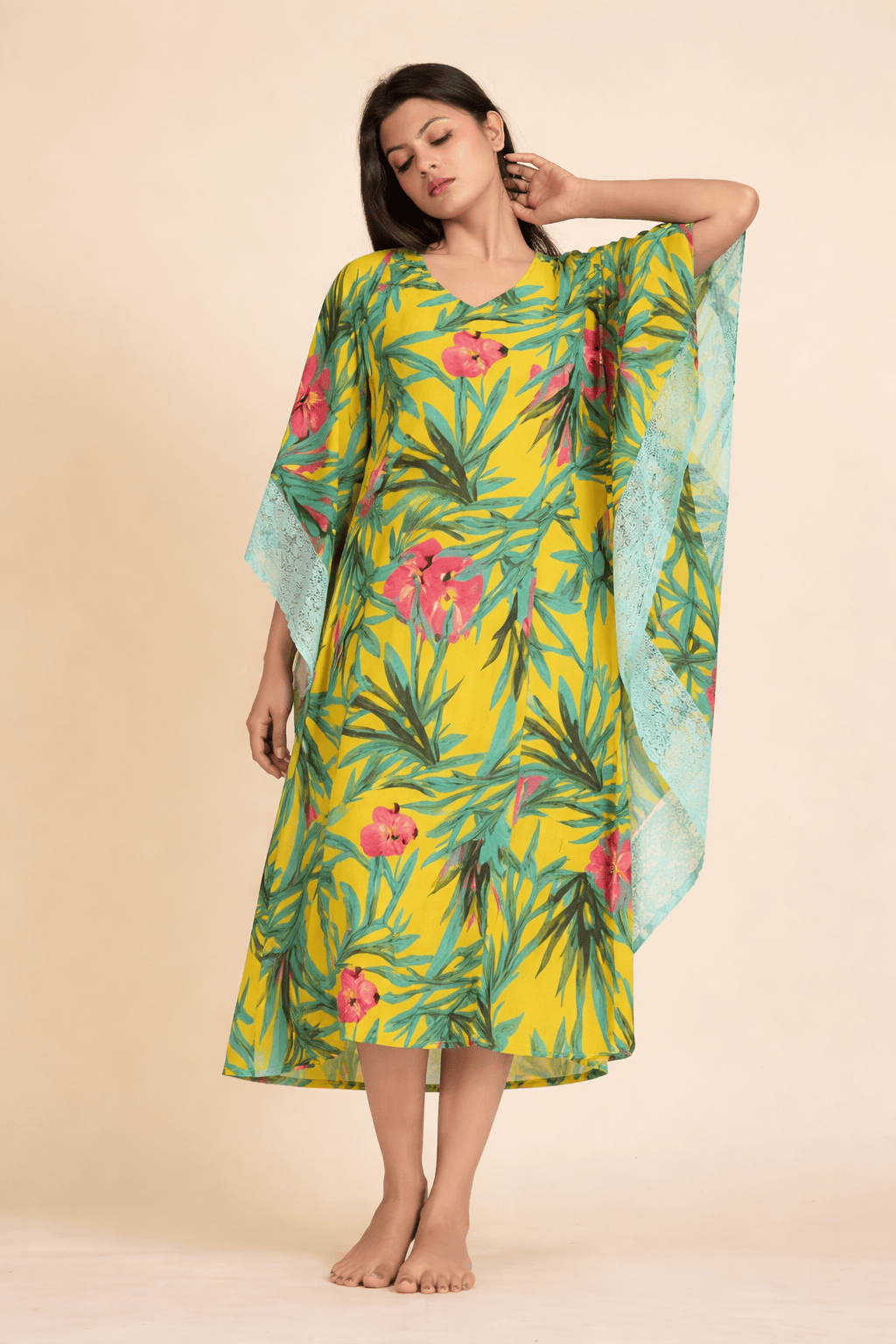 The Kaftan Company Kaftan Yellow Tropical Print Polyester Crepe Loungewear Kaftan