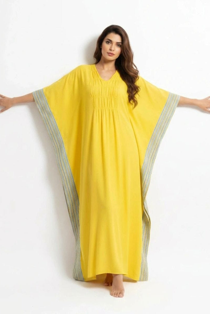 The Kaftan Company Kaftan Yellow Viscose Linen Blend Kaftan with Contrast Border