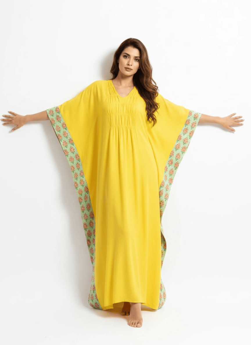 The Kaftan Company Kaftan Yellow Viscose Linen Blend Kaftan with Contrast Border