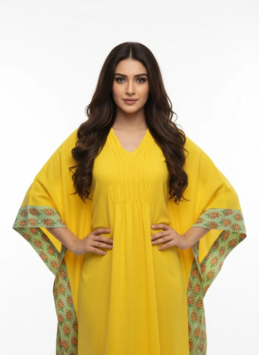 The Kaftan Company Kaftan Yellow Viscose Linen Blend Kaftan with Contrast Border