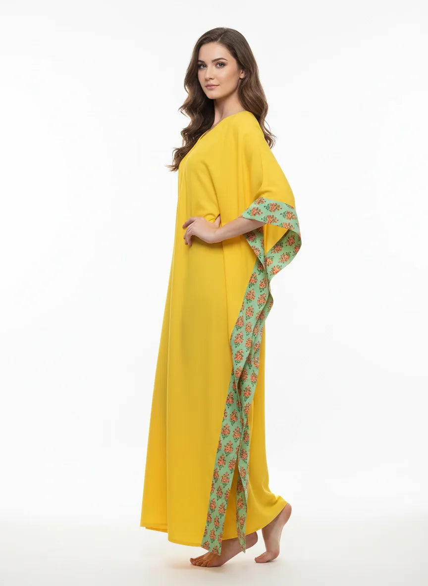 The Kaftan Company Kaftan Yellow Viscose Linen Blend Kaftan with Contrast Border