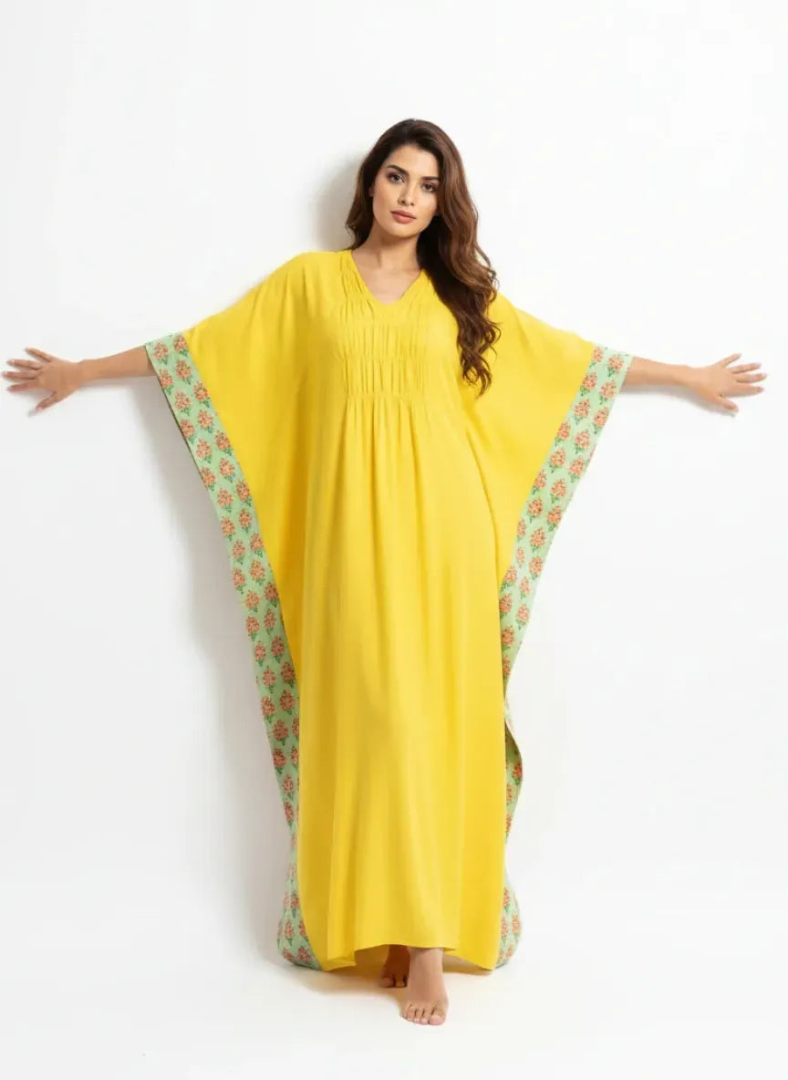 The Kaftan Company Kaftan Yellow Viscose Linen Blend Kaftan with Contrast Border