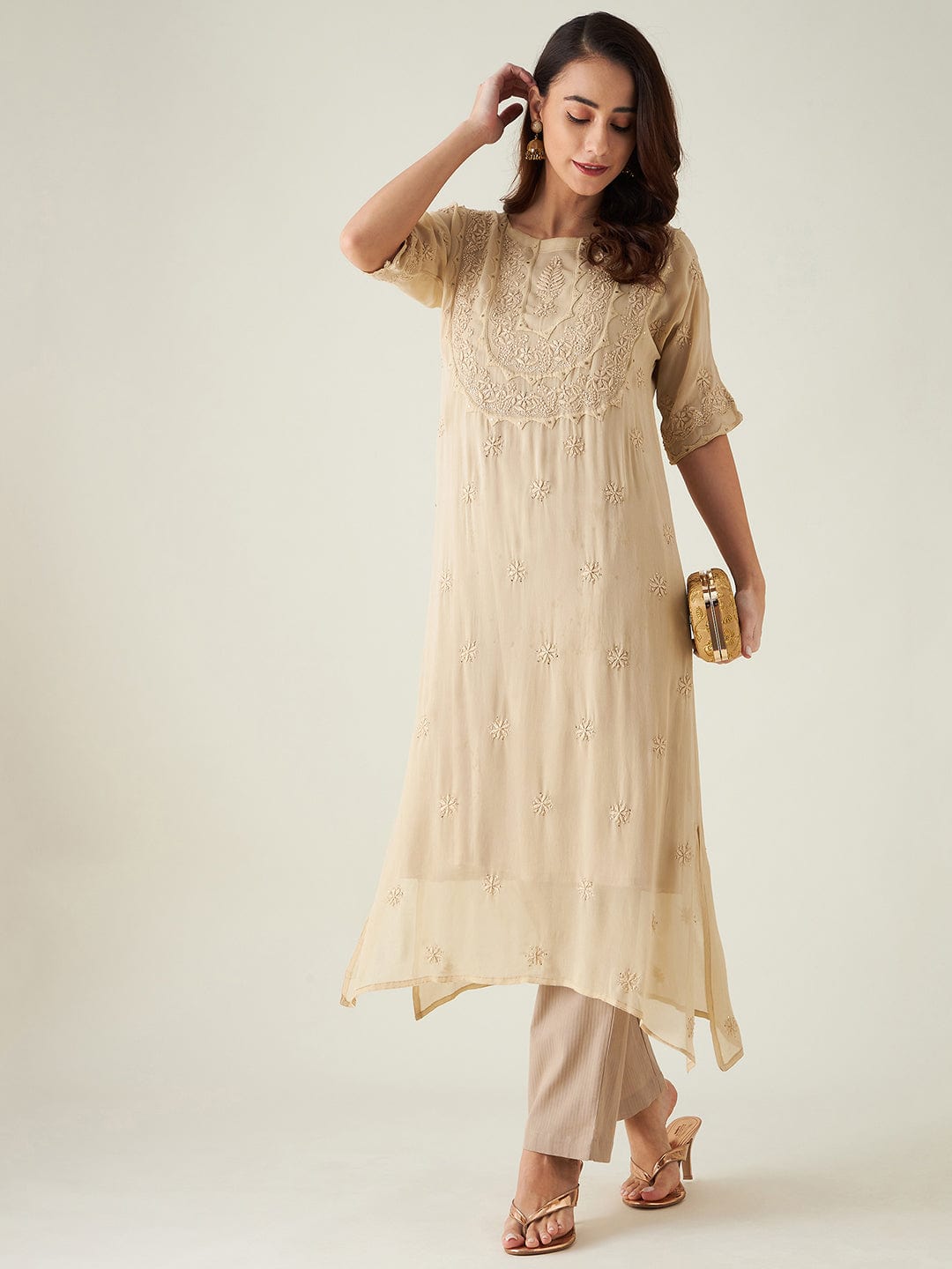 The Kaftan Company Kurta Biege Hand Embroidered Chikankari Kurta