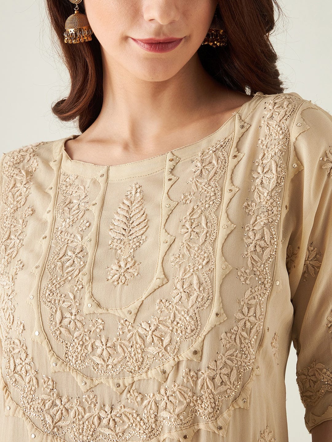 The Kaftan Company Kurta Biege Hand Embroidered Chikankari Kurta