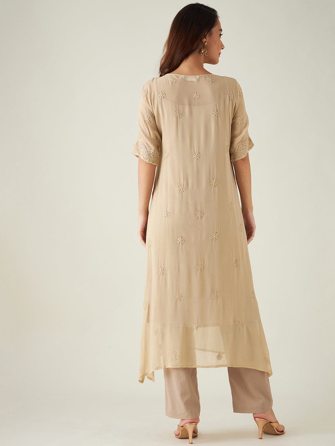 The Kaftan Company Kurta Biege Hand Embroidered Chikankari Kurta