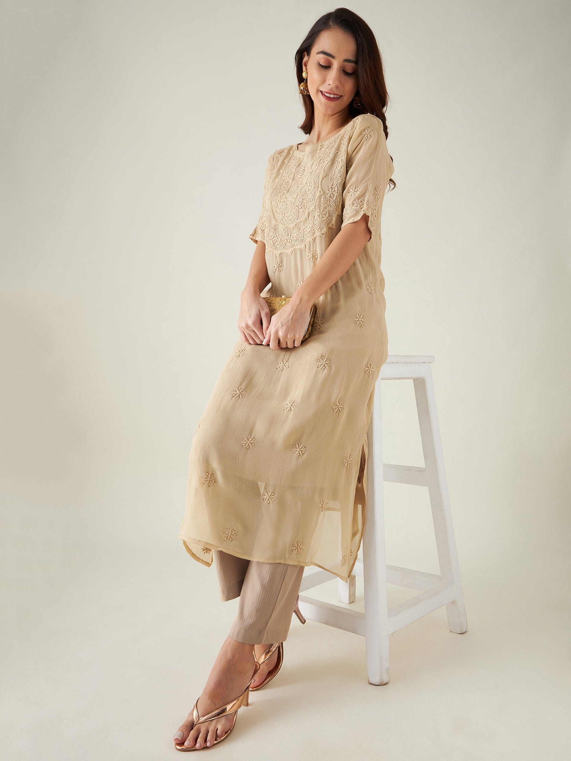 The Kaftan Company Kurta Biege Hand Embroidered Chikankari Kurta