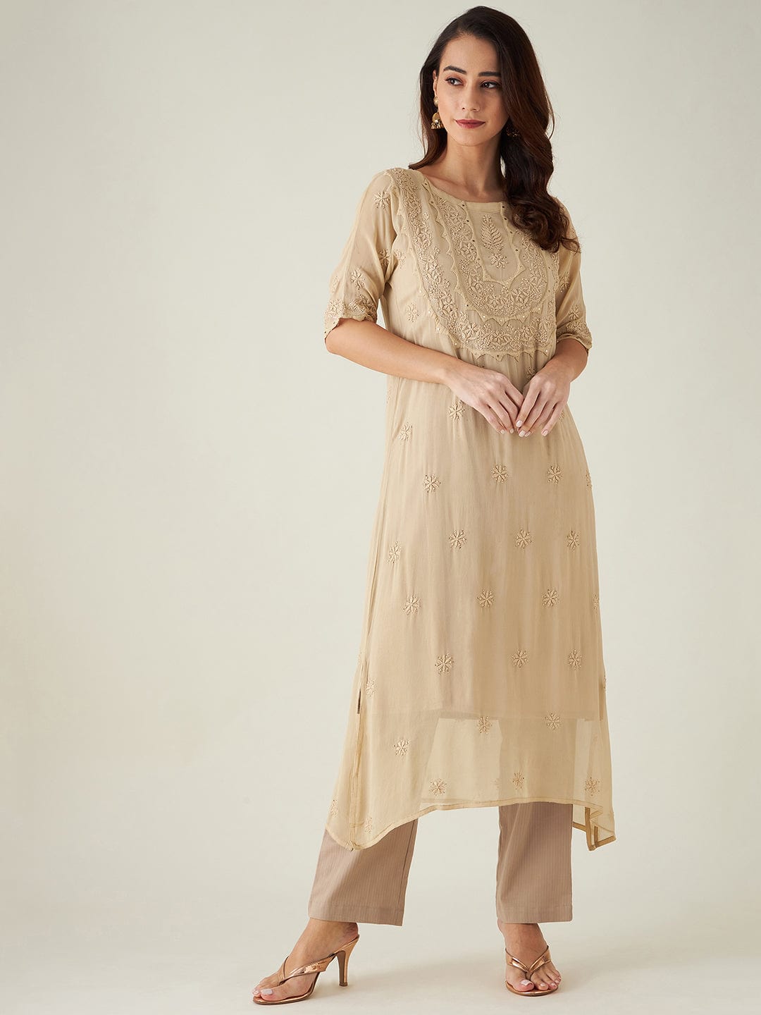 The Kaftan Company Kurta Biege Hand Embroidered Chikankari Kurta