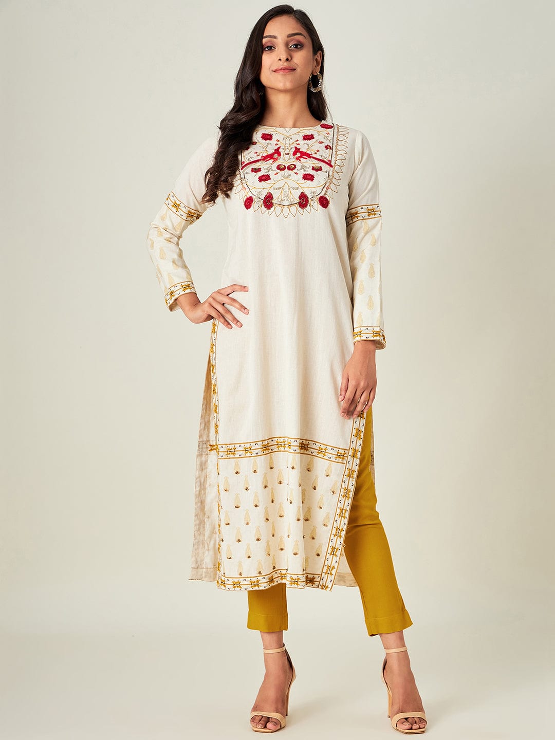 The Kaftan Company Kurta Birds of paradise Yoke Cotton Kurta Set