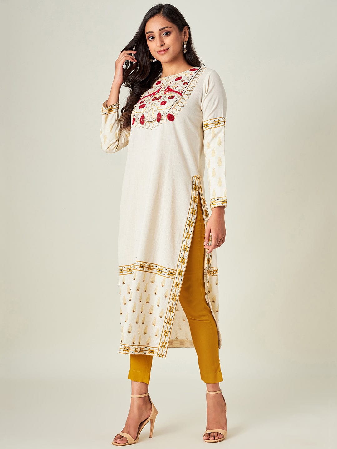 The Kaftan Company Kurta Birds of paradise Yoke Cotton Kurta Set