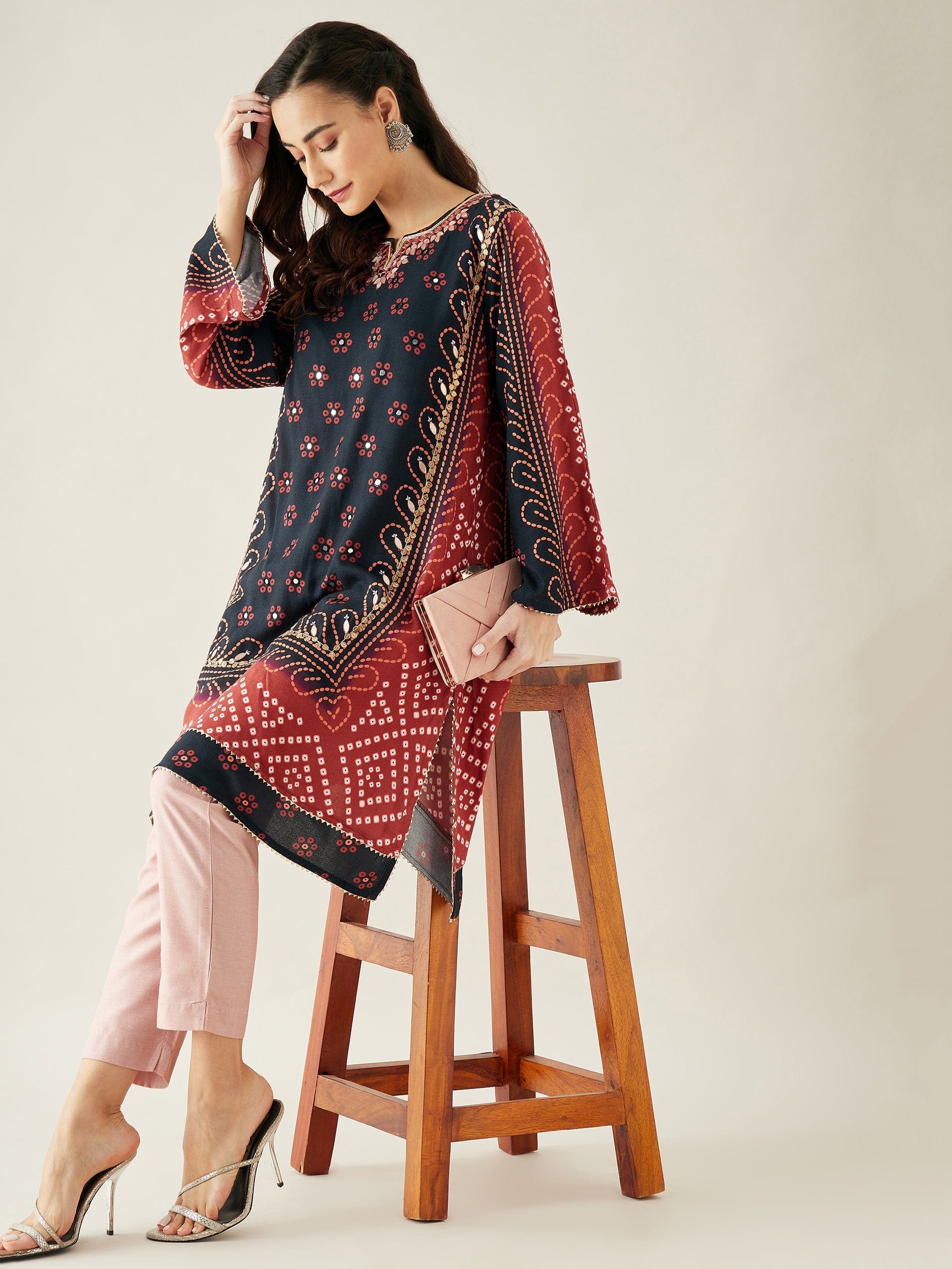 The Kaftan Company Kurta Black and Brown Bandhani Kurta