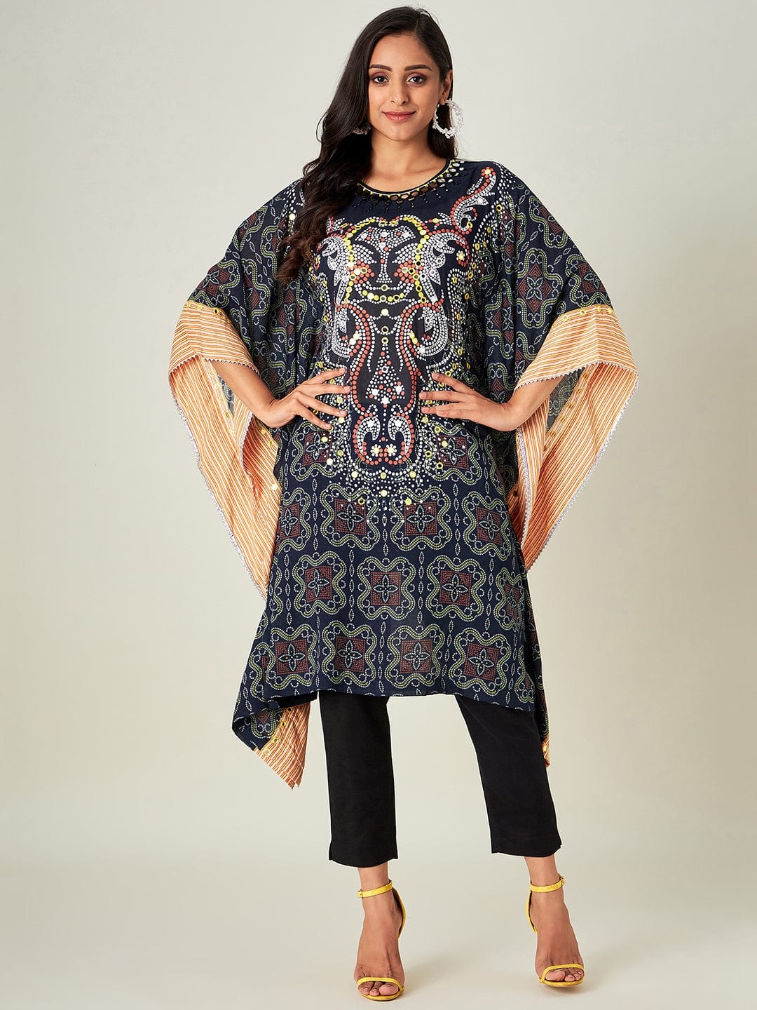 The Kaftan Company Kurta Black Bandhani Embroidered Kaftan Kurta