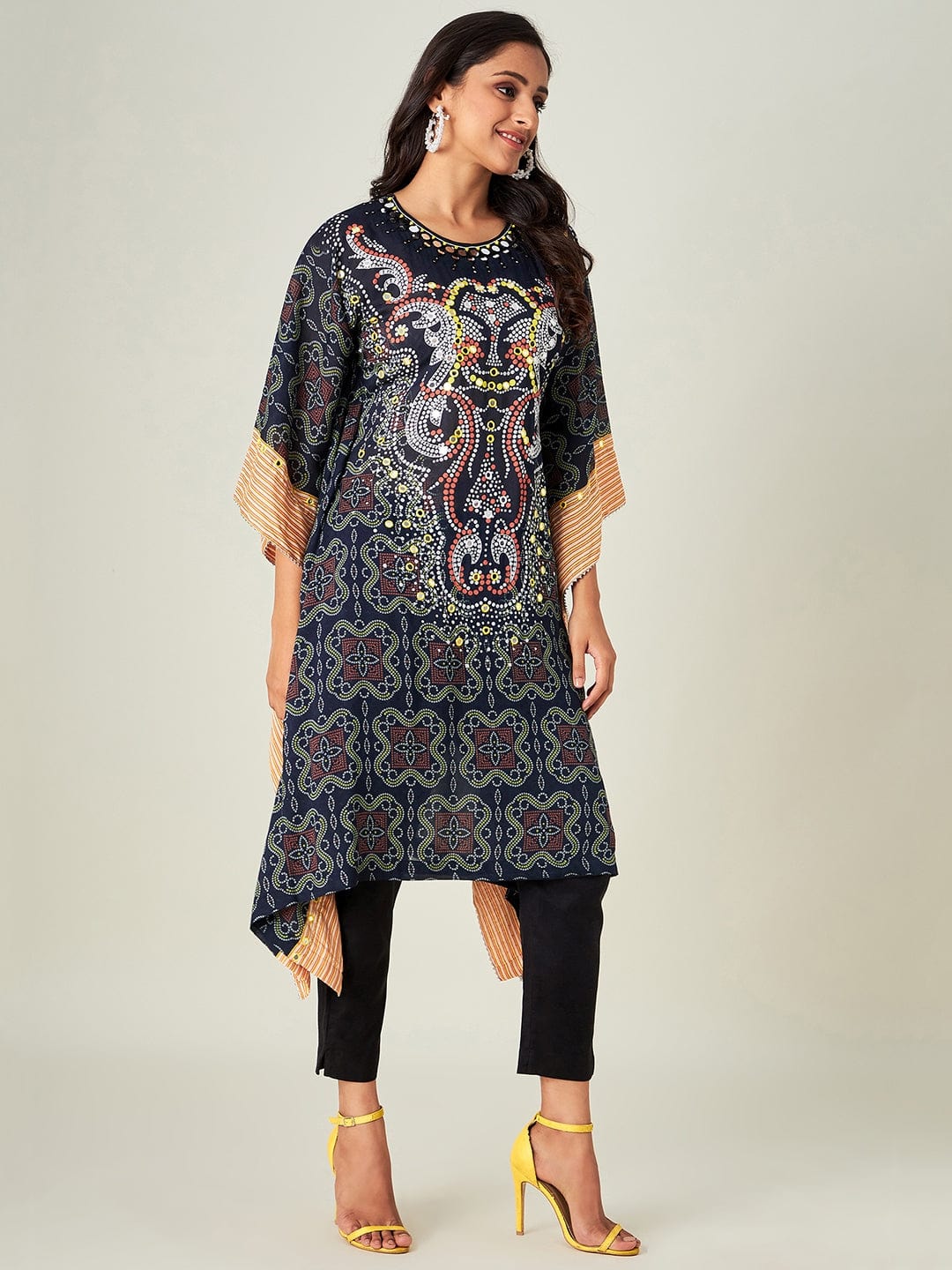 The Kaftan Company Kurta Black Bandhani Embroidered Kaftan Kurta