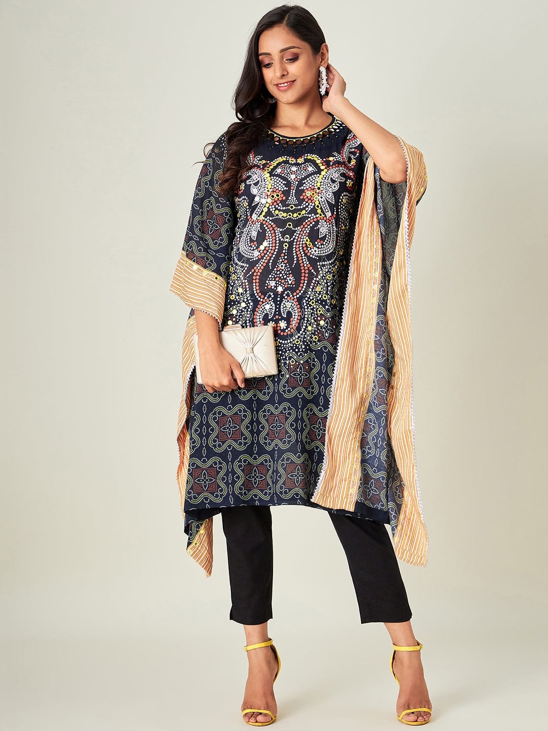 The Kaftan Company Kurta Black Bandhani Embroidered Kaftan Kurta