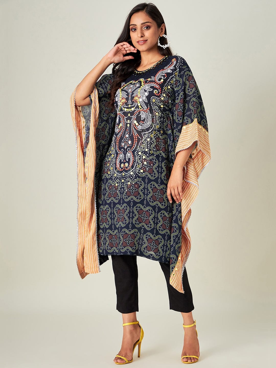 The Kaftan Company Kurta Black Bandhani Embroidered Kaftan Kurta