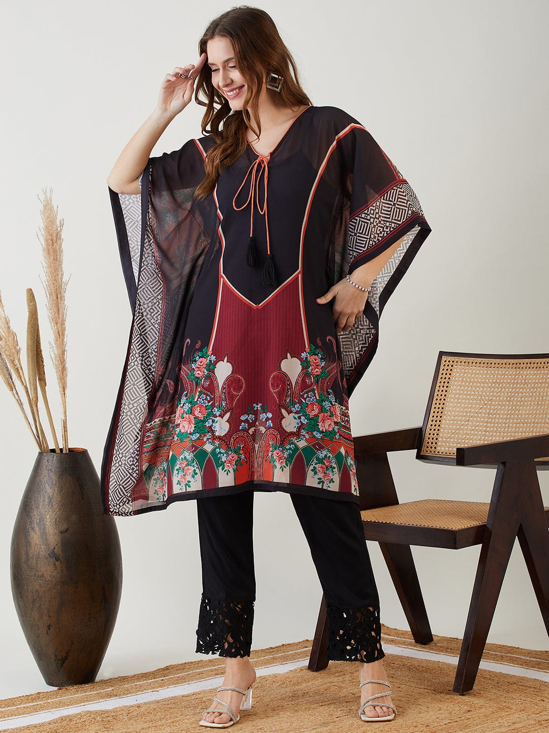 The Kaftan Company Kurta Black Majestic Printed Georgette Kaftan