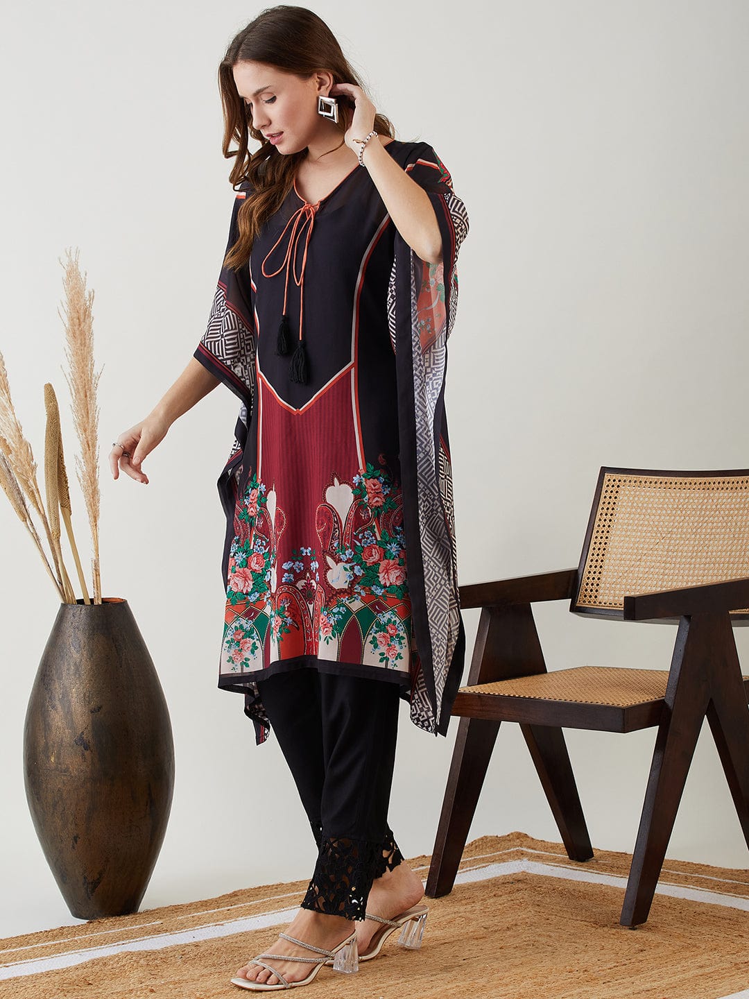 The Kaftan Company Kurta Black Majestic Printed Georgette Kaftan