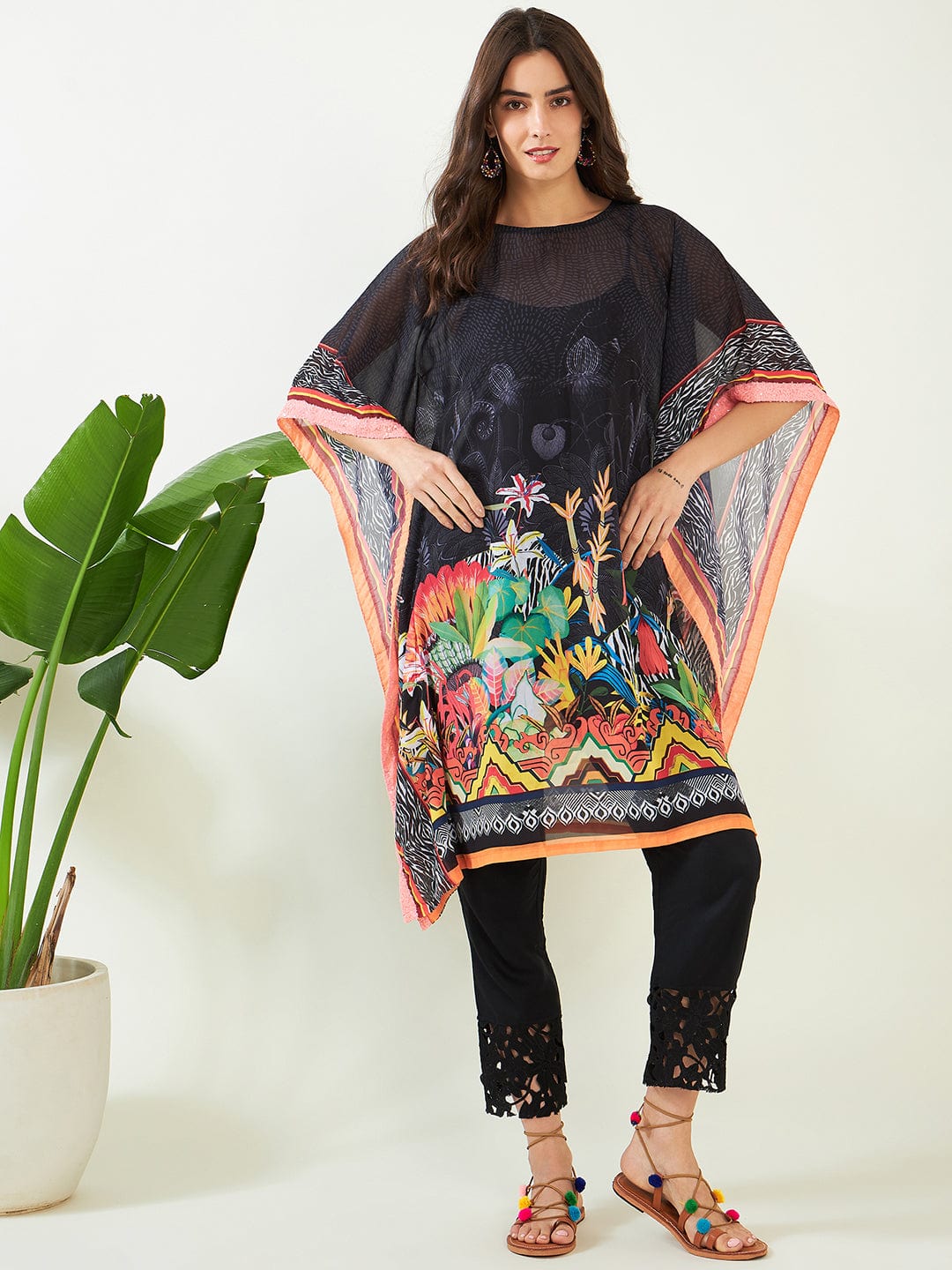 The Kaftan Company Kurta Black Midnight Tropical Elegant Georgette Kurta