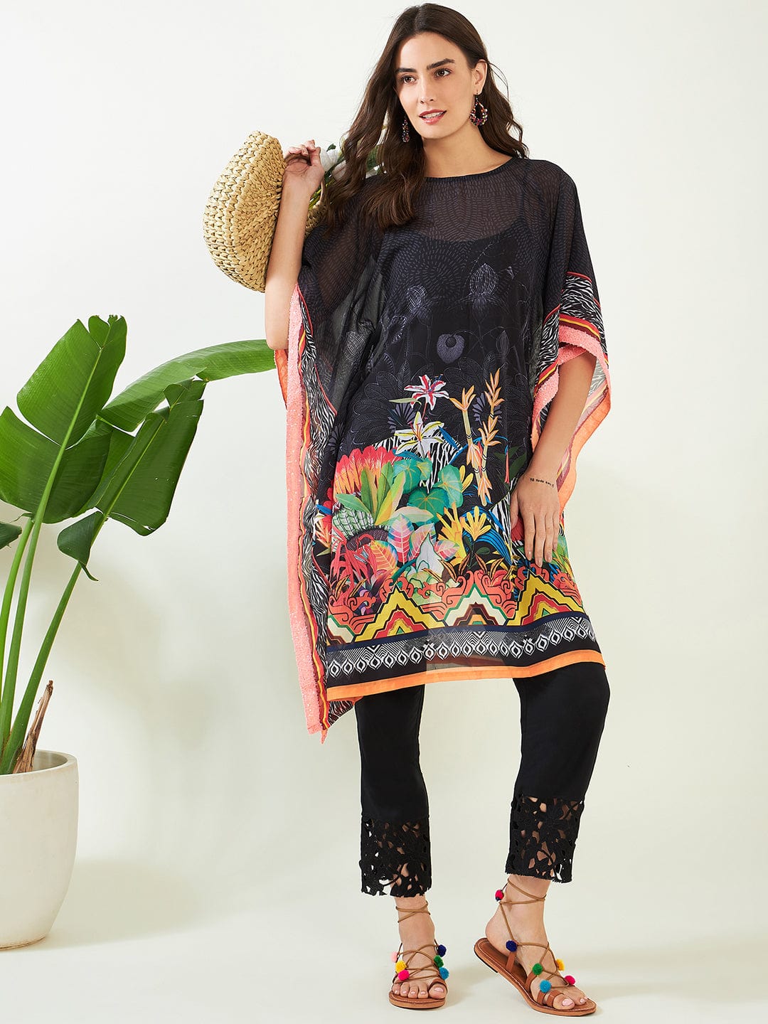 The Kaftan Company Kurta Black Midnight Tropical Elegant Georgette Kurta
