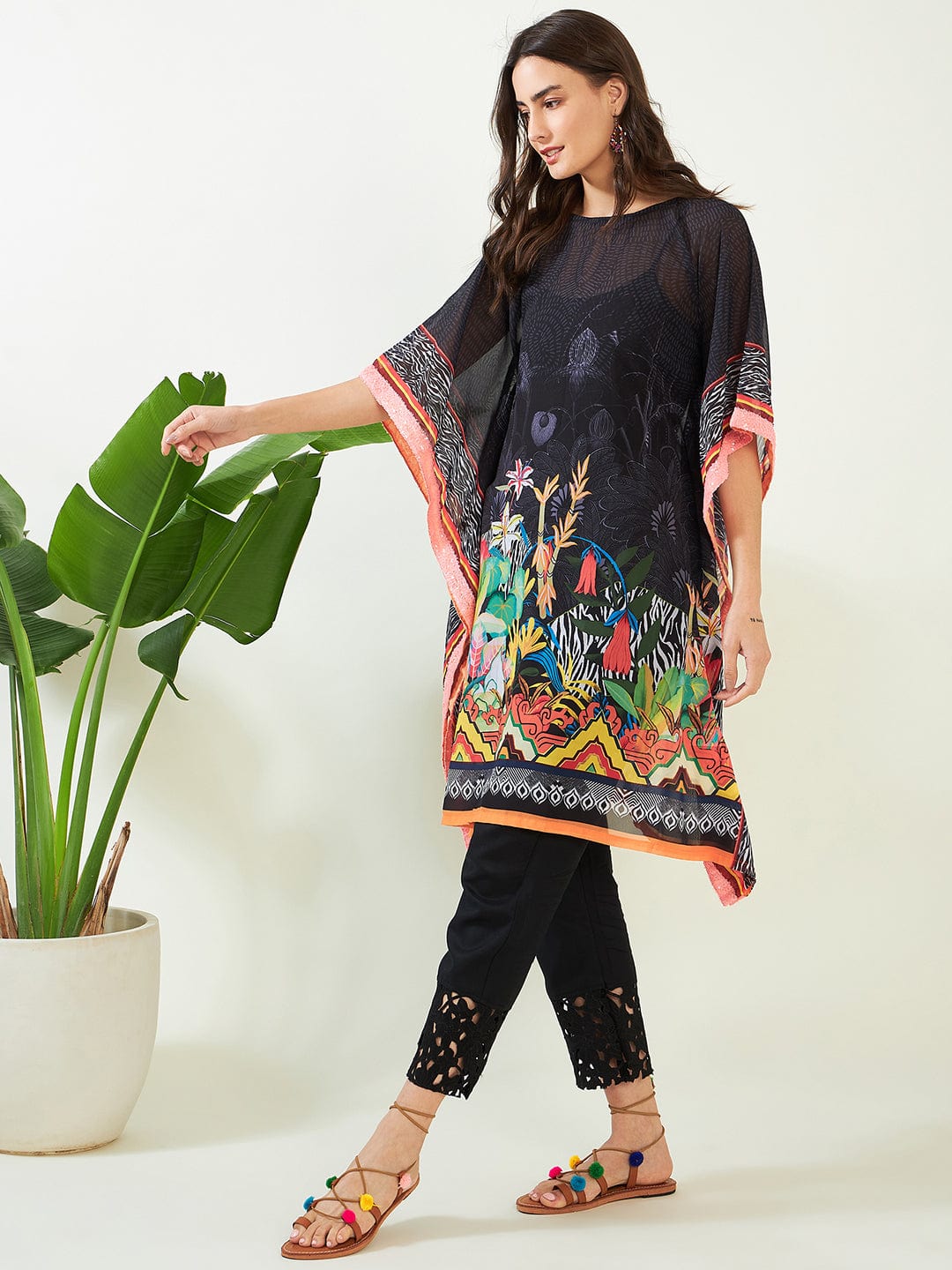 The Kaftan Company Kurta Black Midnight Tropical Elegant Georgette Kurta