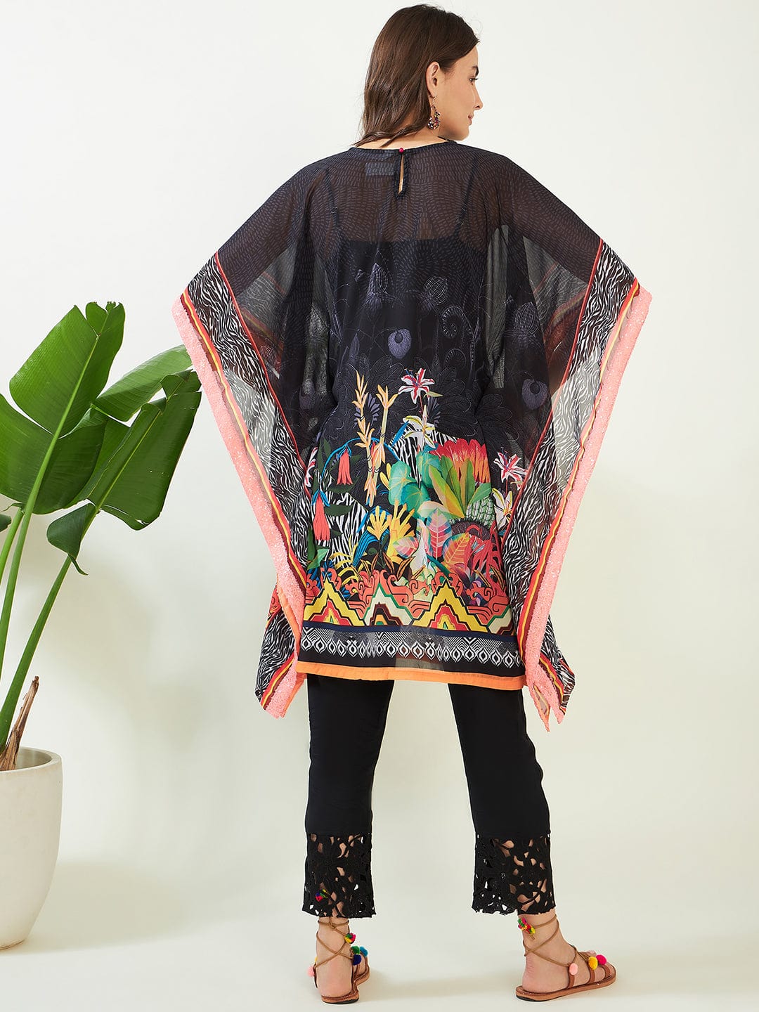 The Kaftan Company Kurta Black Midnight Tropical Elegant Georgette Kurta