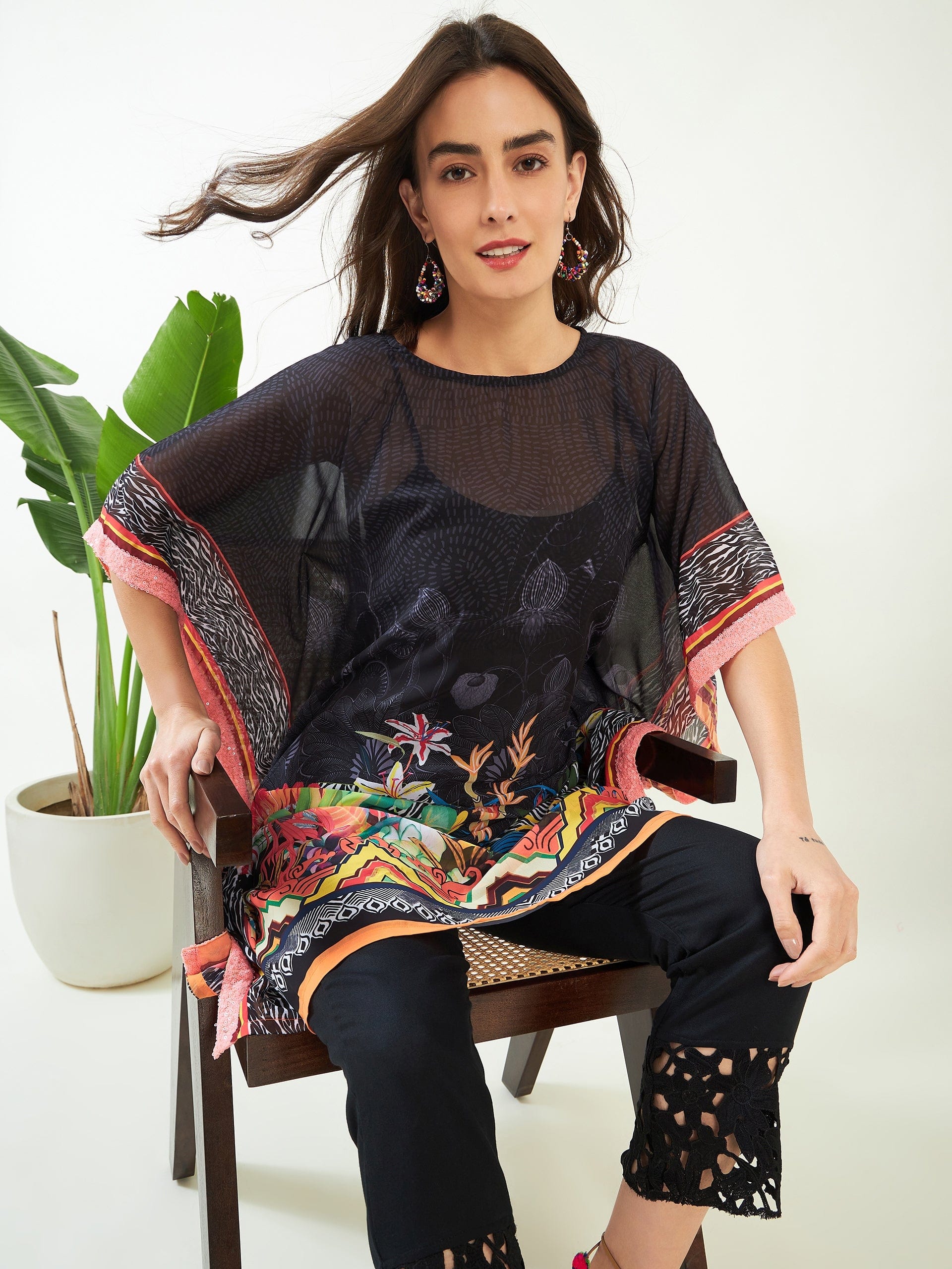 The Kaftan Company Kurta Black Midnight Tropical Elegant Georgette Kurta