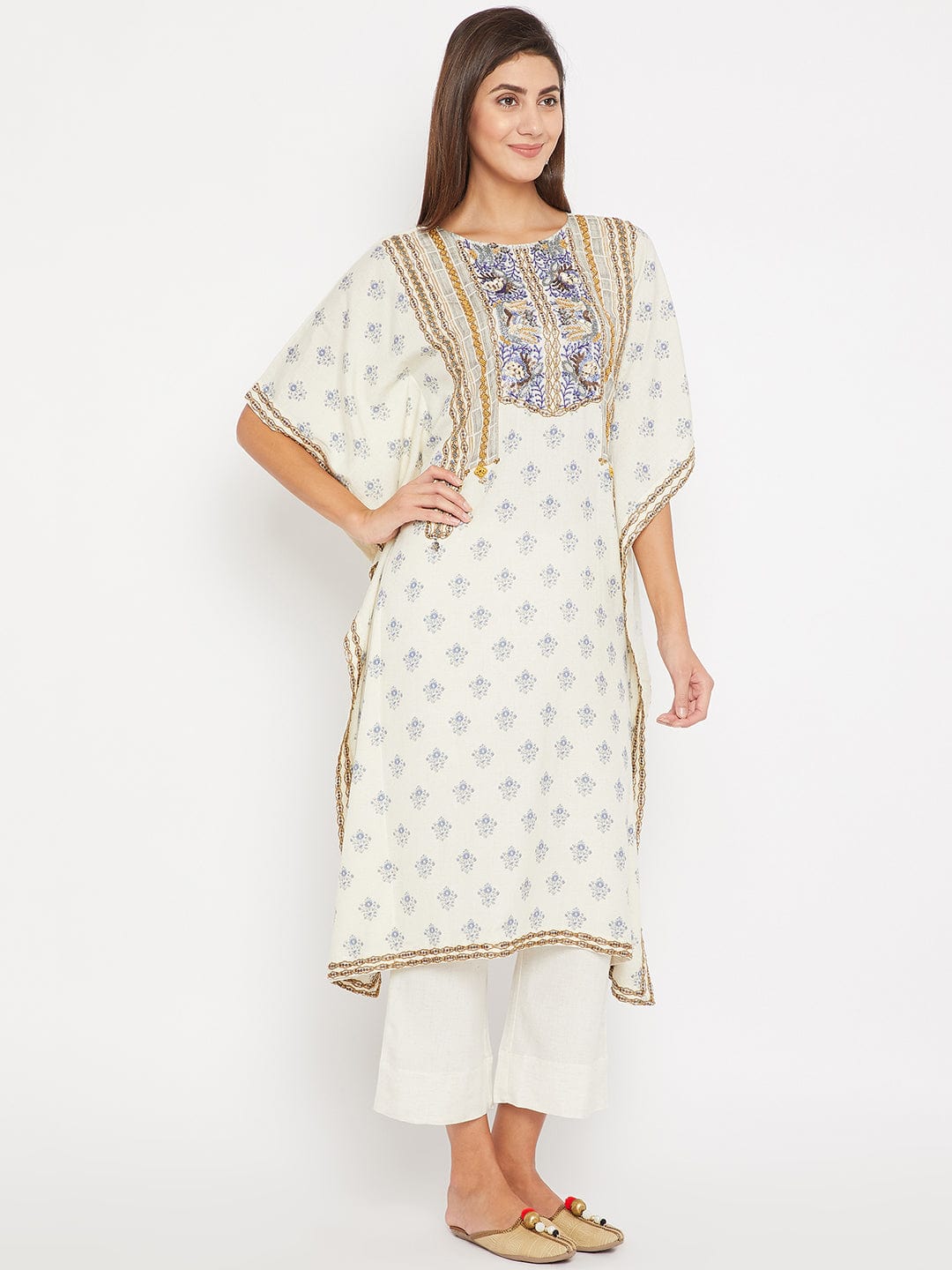 The Kaftan Company Kurta Blue And White Heavenly Embroidered Kaftan Kurta