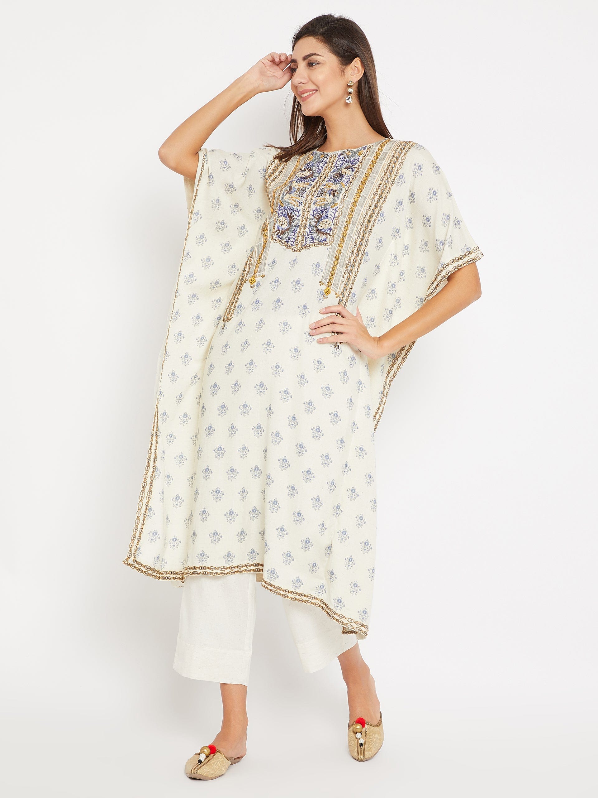 The Kaftan Company Kurta Blue And White Heavenly Embroidered Kaftan Kurta