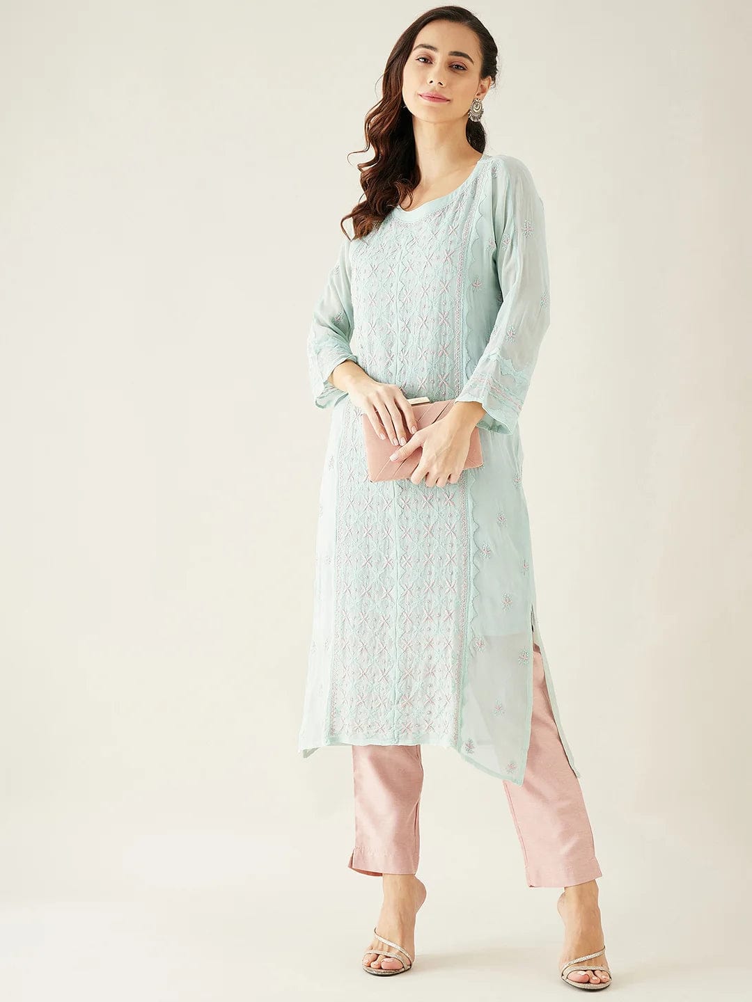 The Kaftan Company Kurta Blue Hand Embroidered Georgette Kurta Set
