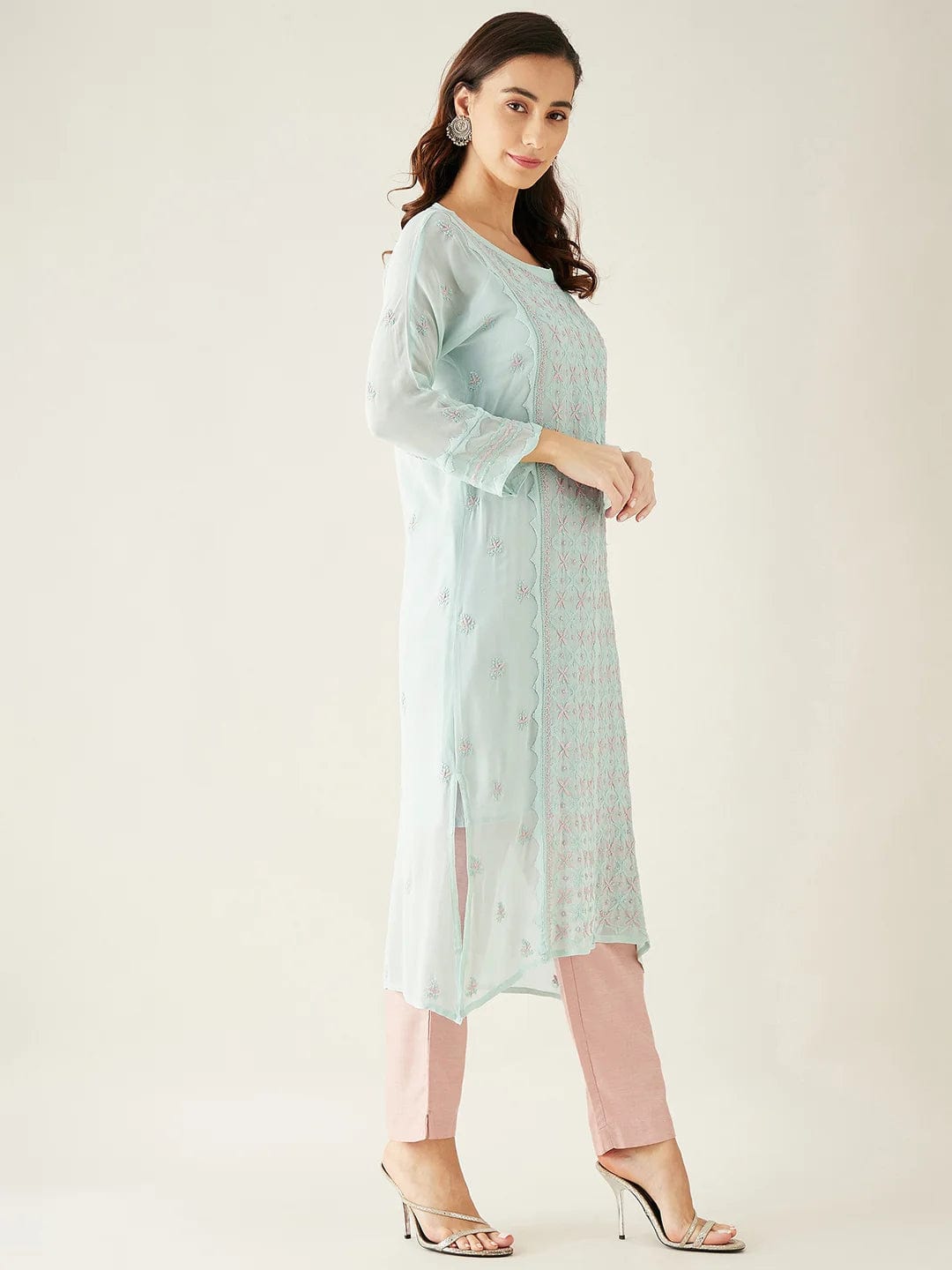The Kaftan Company Kurta Blue Hand Embroidered Georgette Kurta Set