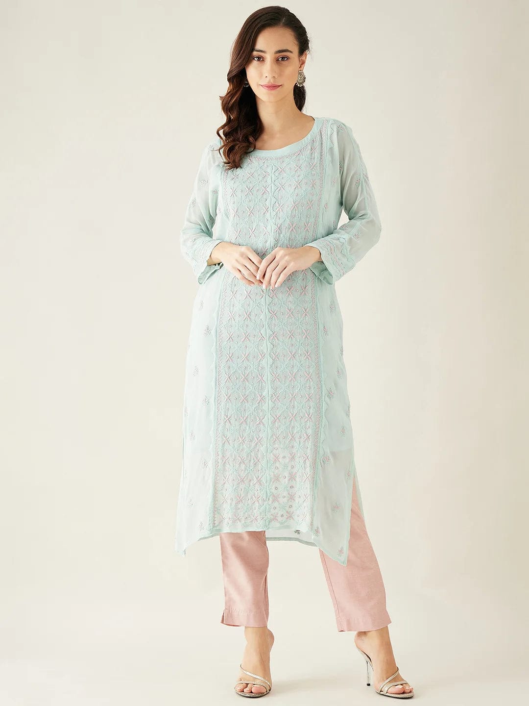 The Kaftan Company Kurta Blue Hand Embroidered Georgette Kurta Set