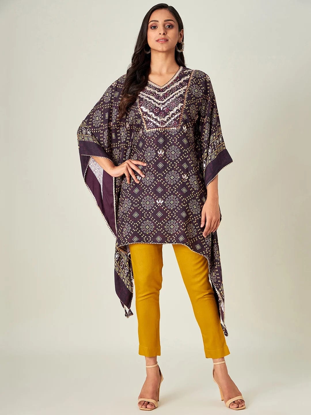 The Kaftan Company Kurta Brown Floral Bandhani Kaftan Kurta
