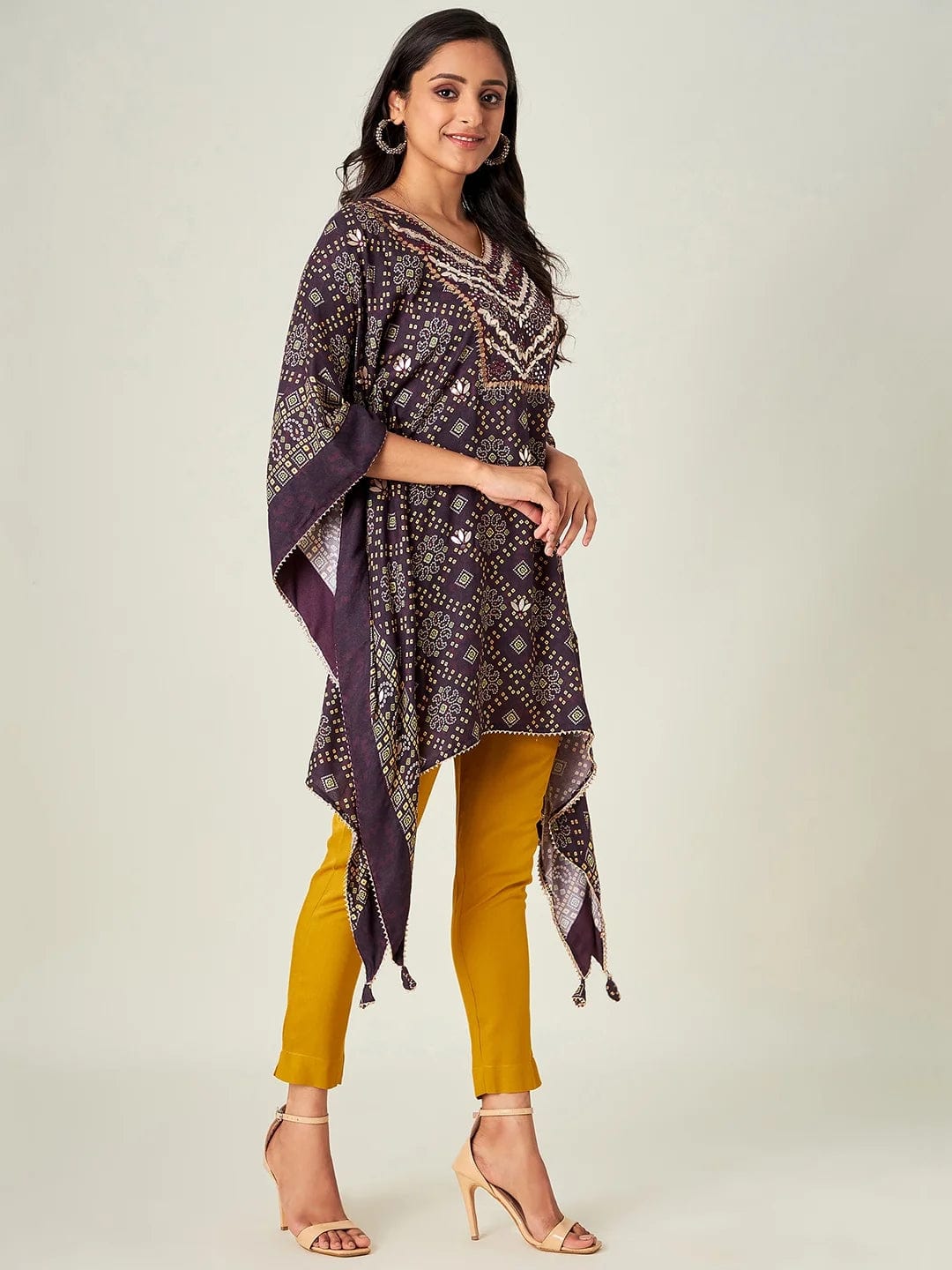 The Kaftan Company Kurta Brown Floral Bandhani Kaftan Kurta