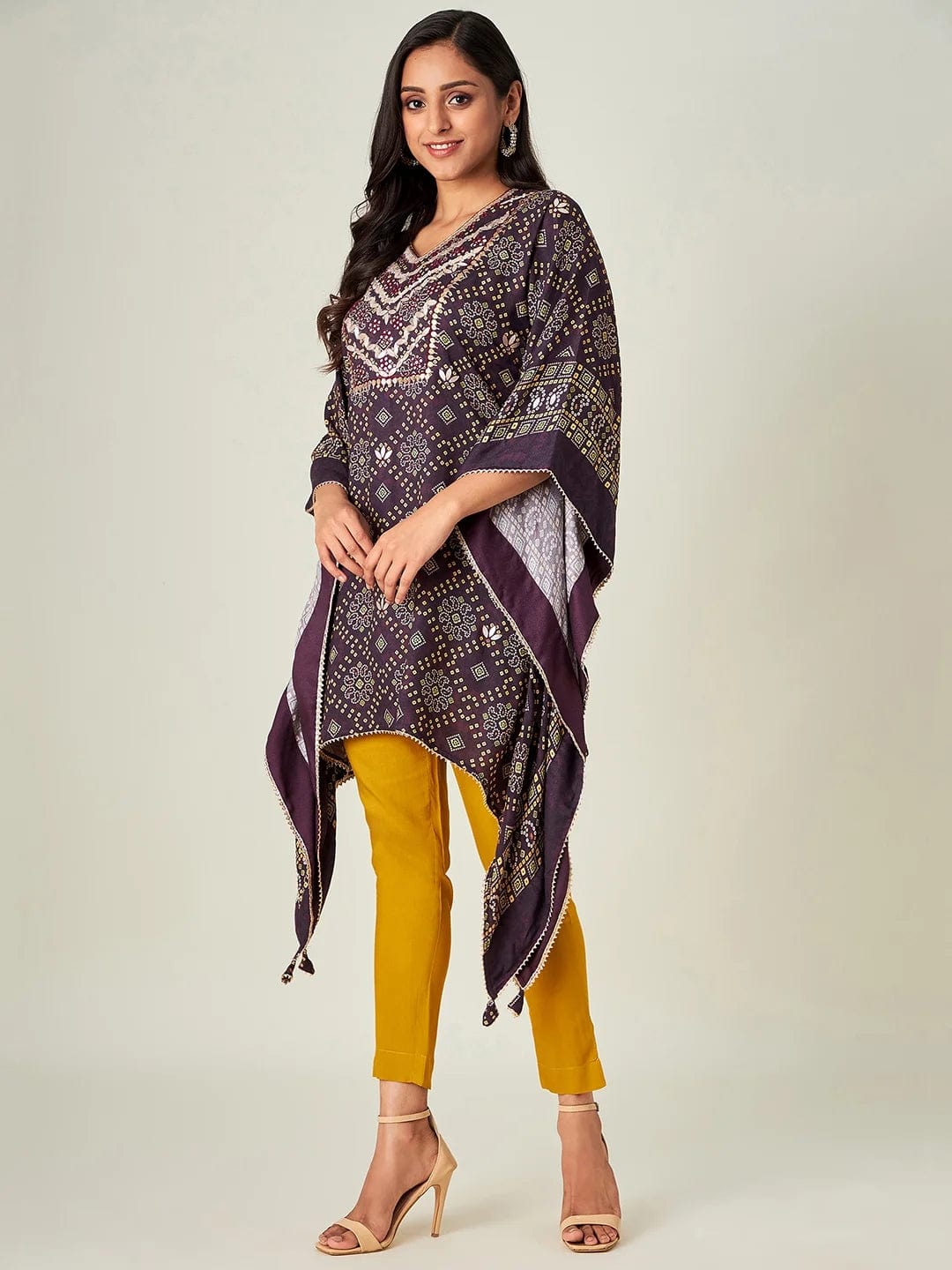 The Kaftan Company Kurta Brown Floral Bandhani Kaftan Kurta