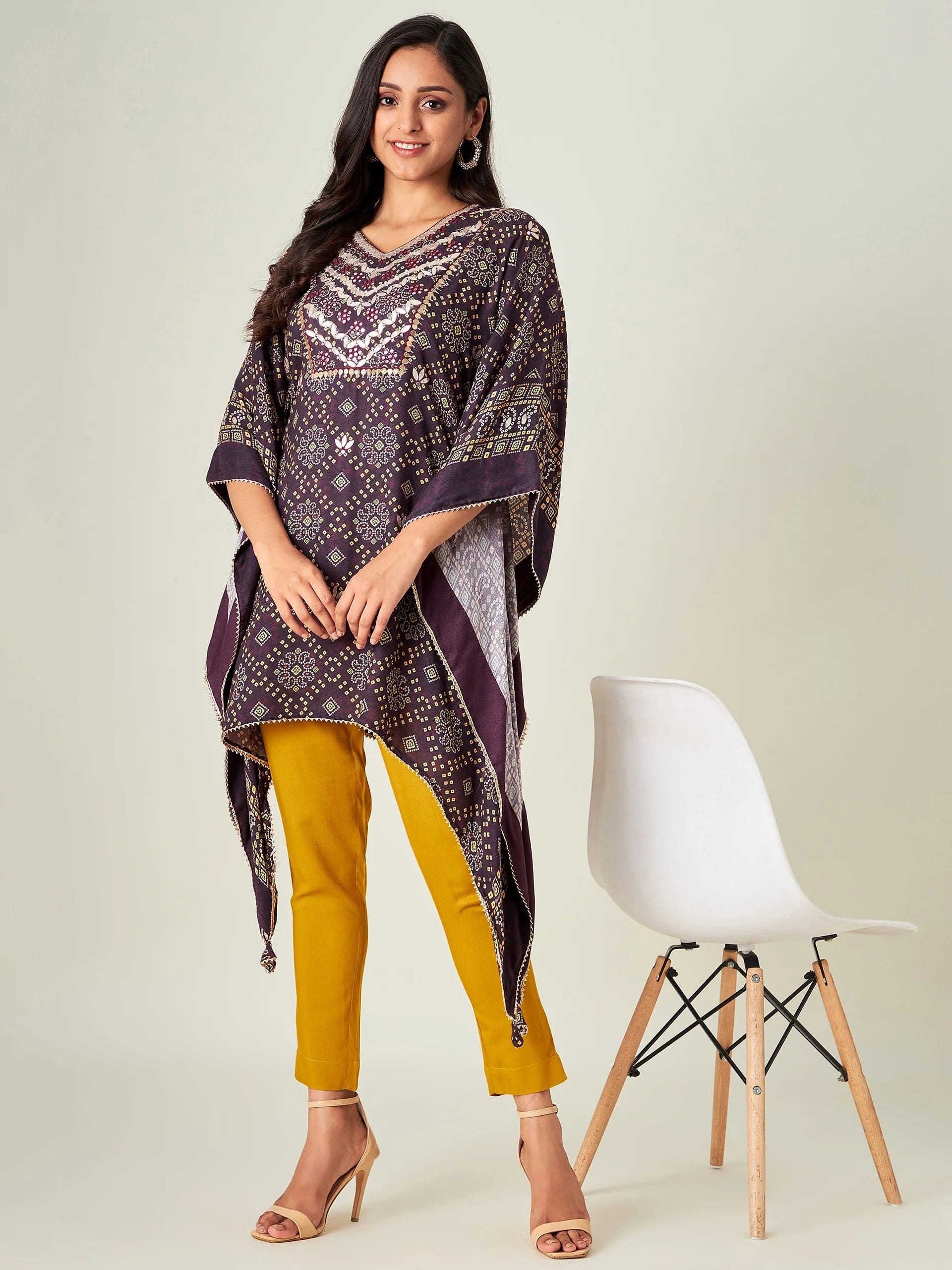 The Kaftan Company Kurta Brown Floral Bandhani Kaftan Kurta