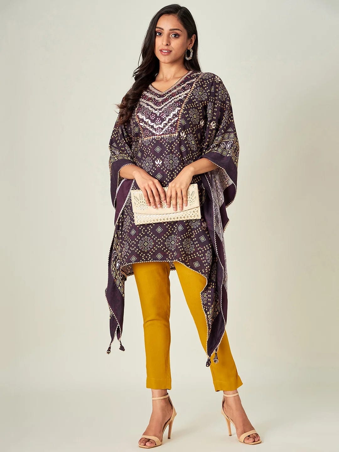 The Kaftan Company Kurta Brown Floral Bandhani Kaftan Kurta