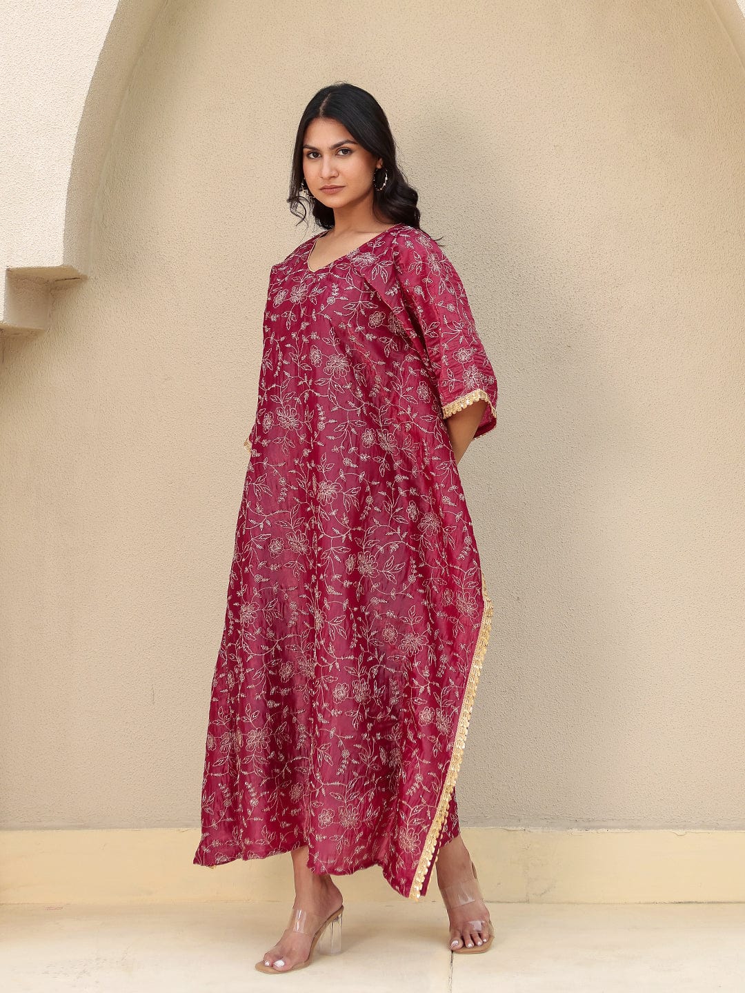 The Kaftan Company Kurta Festive Red Viscose Silk Embroidered Kaftan Kurta