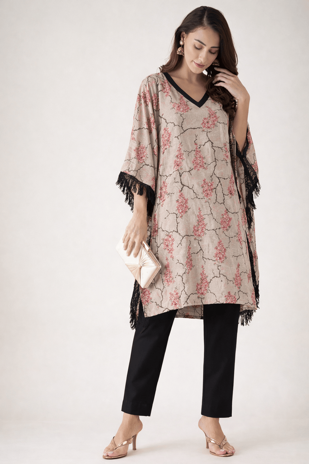 The Kaftan Company Kurta Grey Natural Crepe Kurta with Embellished Neckline & Fringe