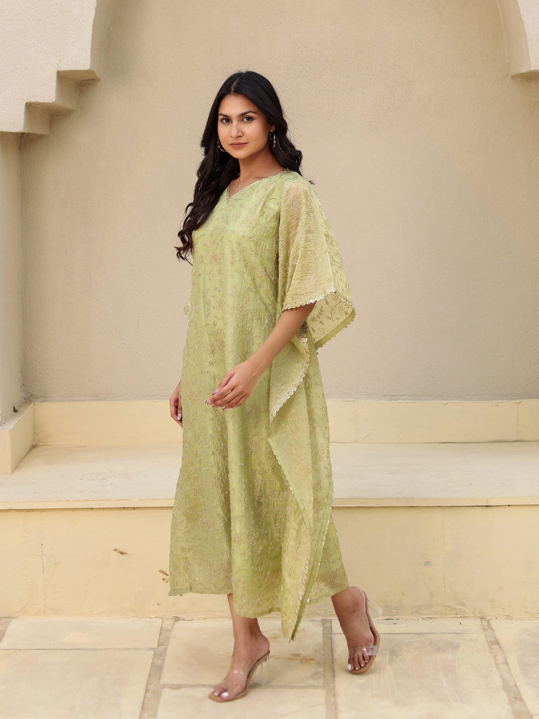 The Kaftan Company Kurta Lime Green Embroidered Viscose Silk Kaftan Kurta