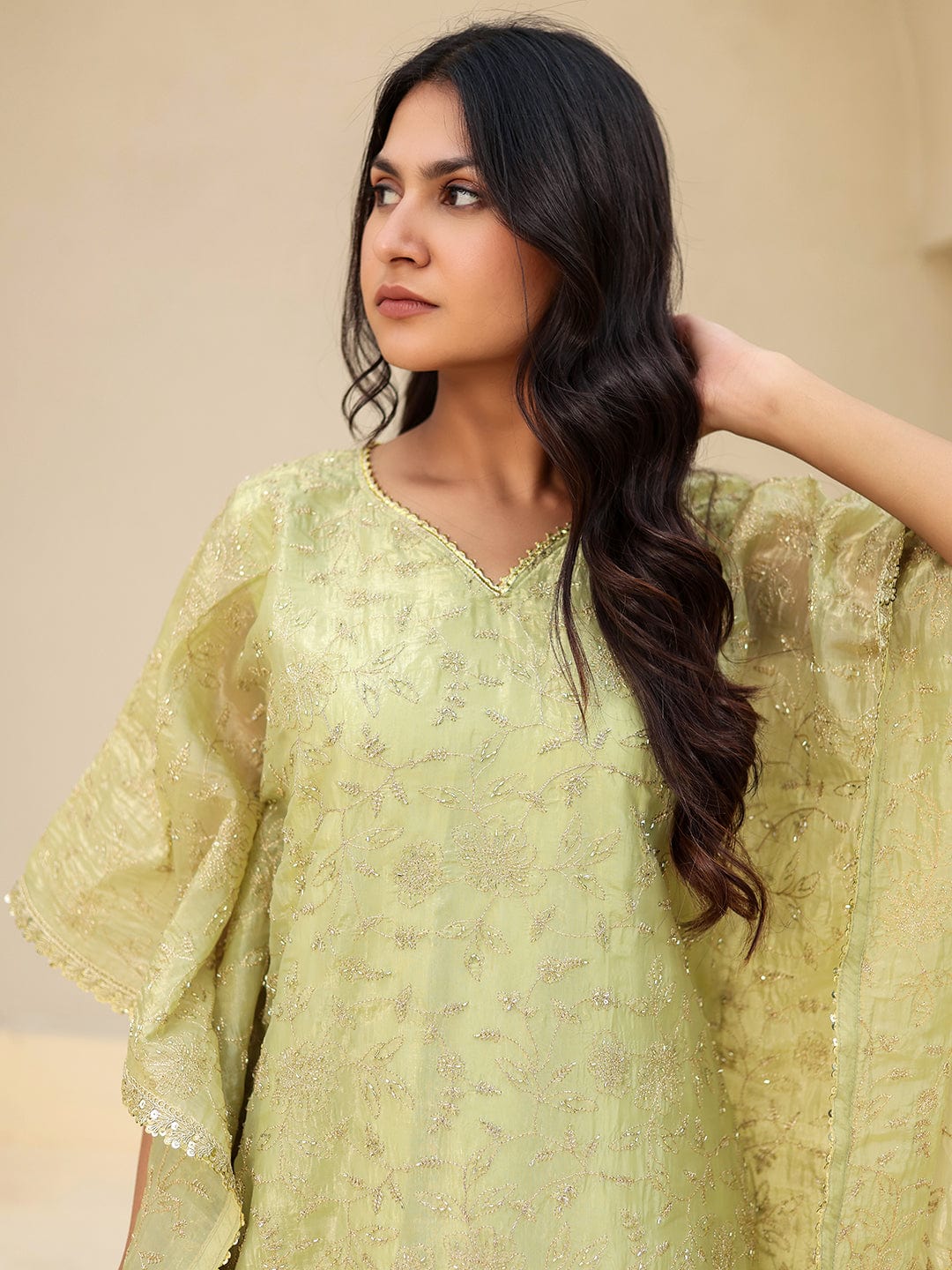 The Kaftan Company Kurta Lime Green Embroidered Viscose Silk Kaftan Kurta