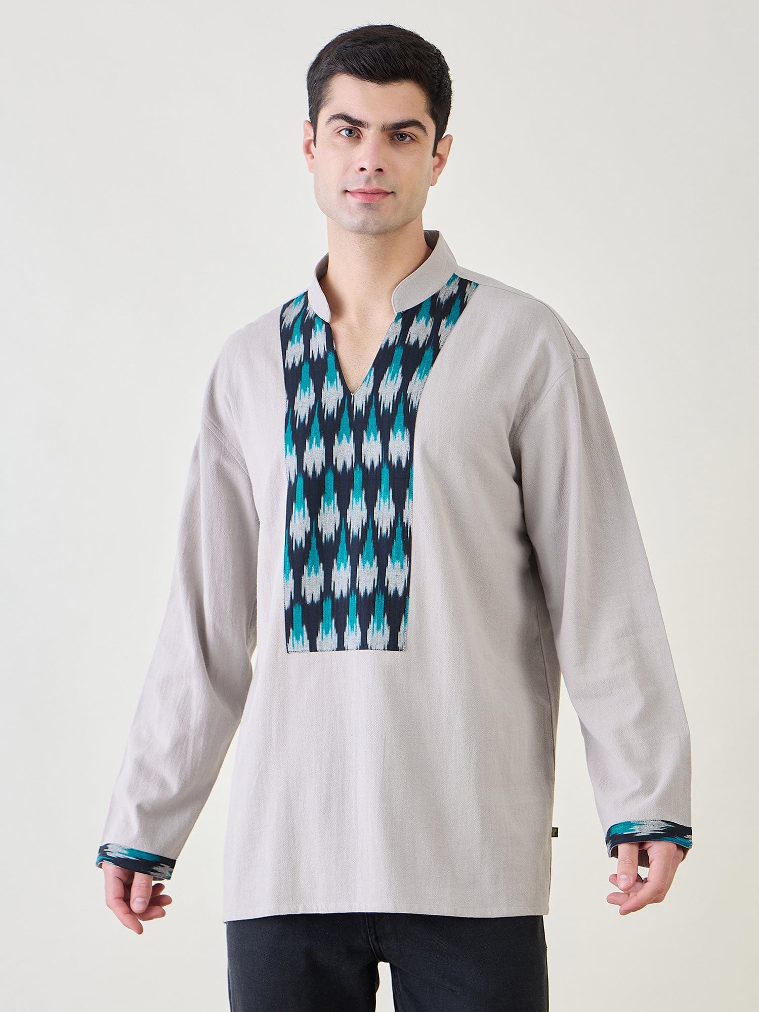The Kaftan Company Kurta Mens Grey Ikat Short Kurta