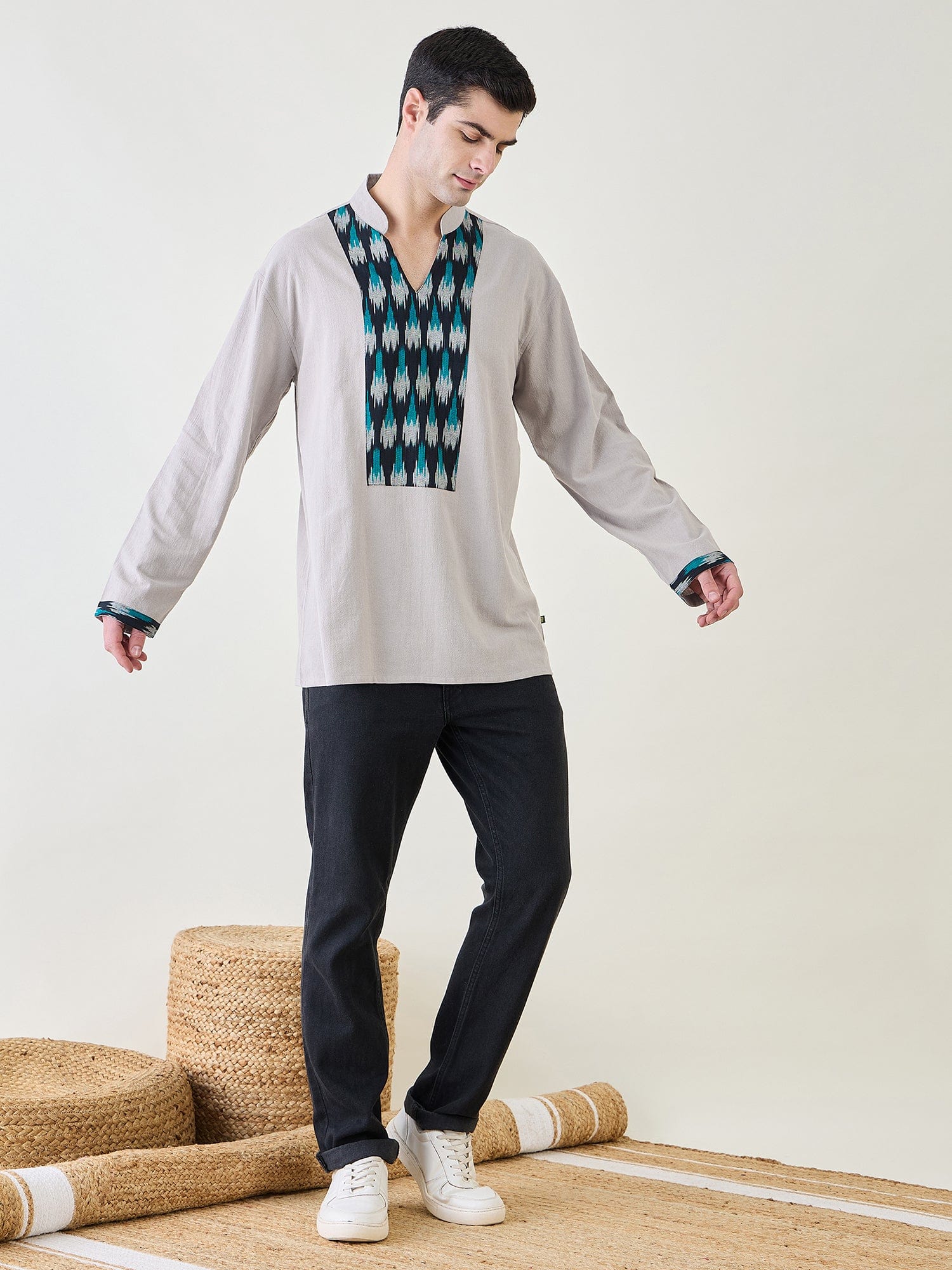 The Kaftan Company Kurta Mens Grey Ikat Short Kurta