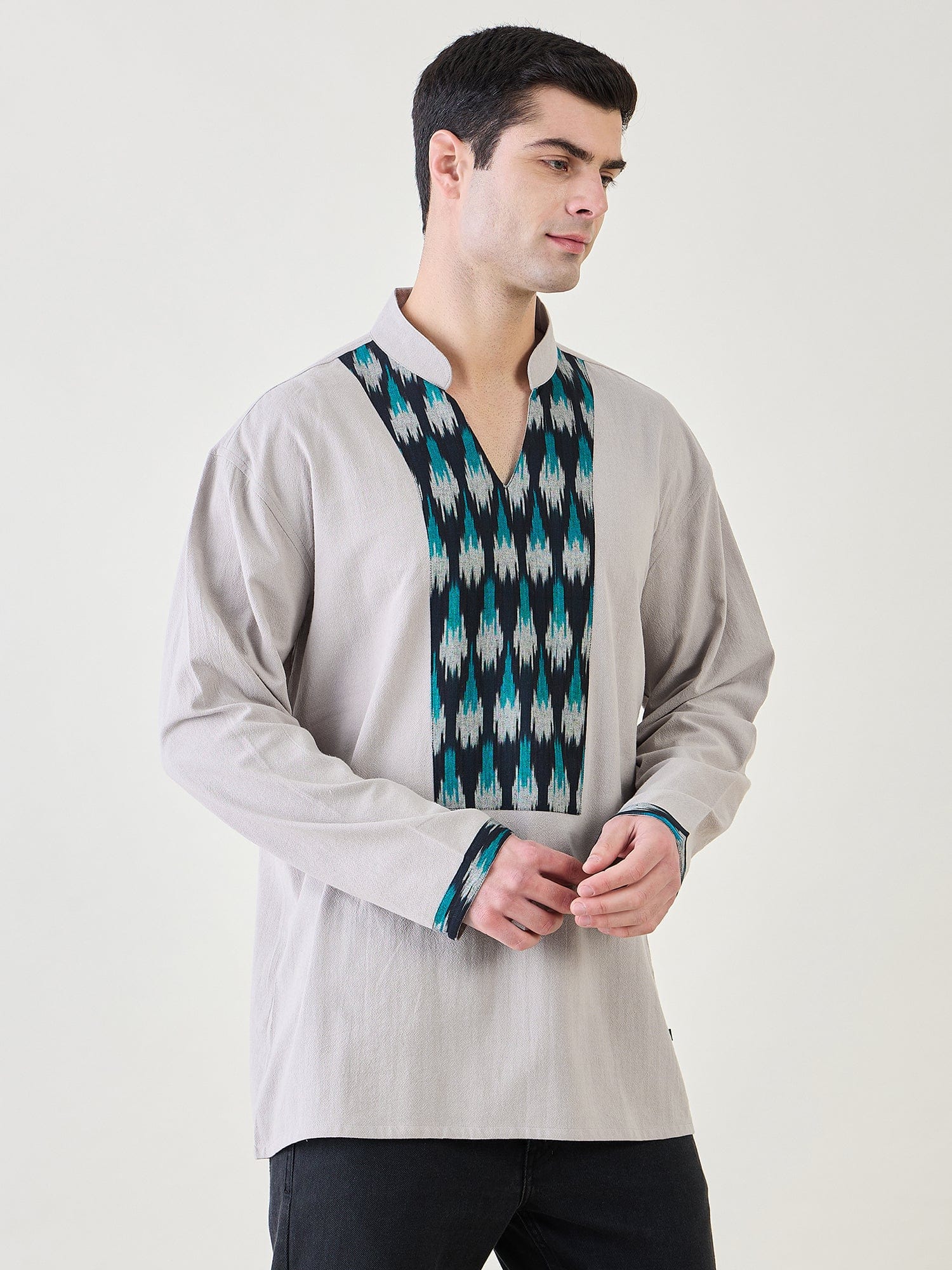 The Kaftan Company Kurta Mens Grey Ikat Short Kurta