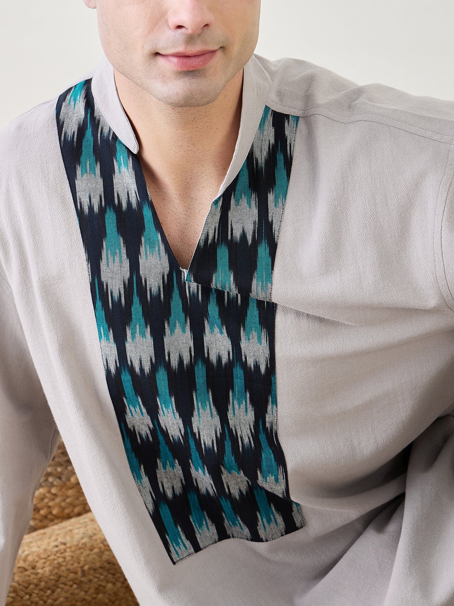 The Kaftan Company Kurta Mens Grey Ikat Short Kurta